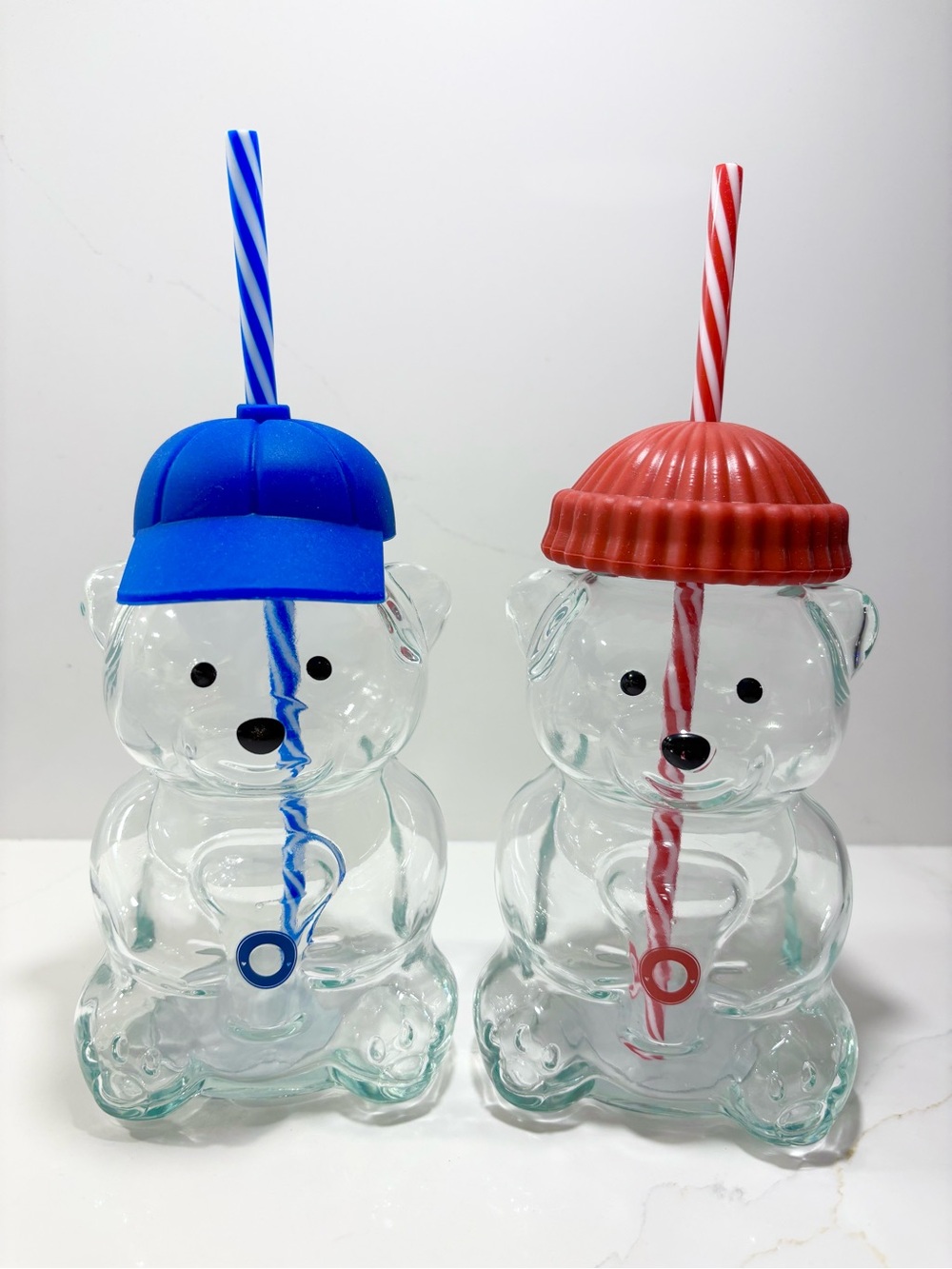 Starbucks Dupe Bear Shaped Clear Glass Tumblers (2 Pc) 16.9oz BLUE Cap & RED Hat